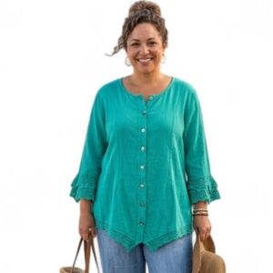 VTG Coastal Teal Gauze Cotton Crochet Trim Button Front Tunic Top Size 3 (XL/1X)
